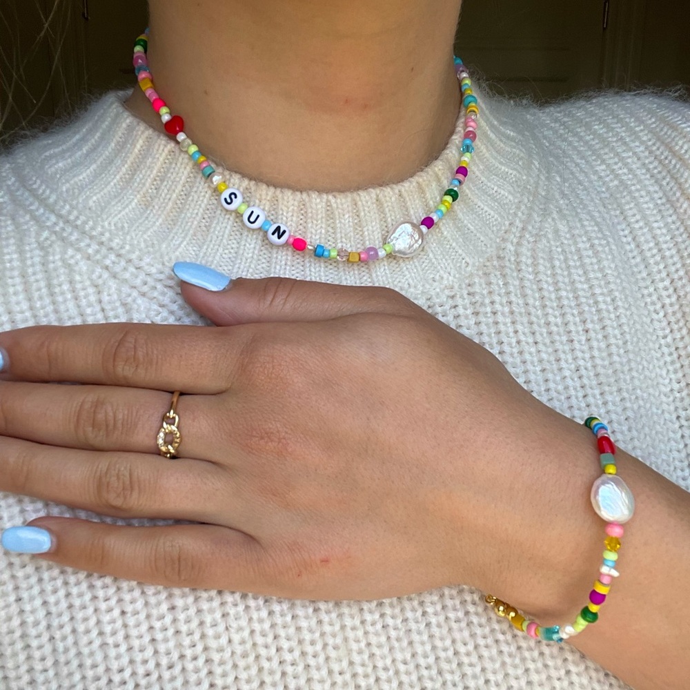 Sun necklace bracelet set -rainbow bead gold pearl